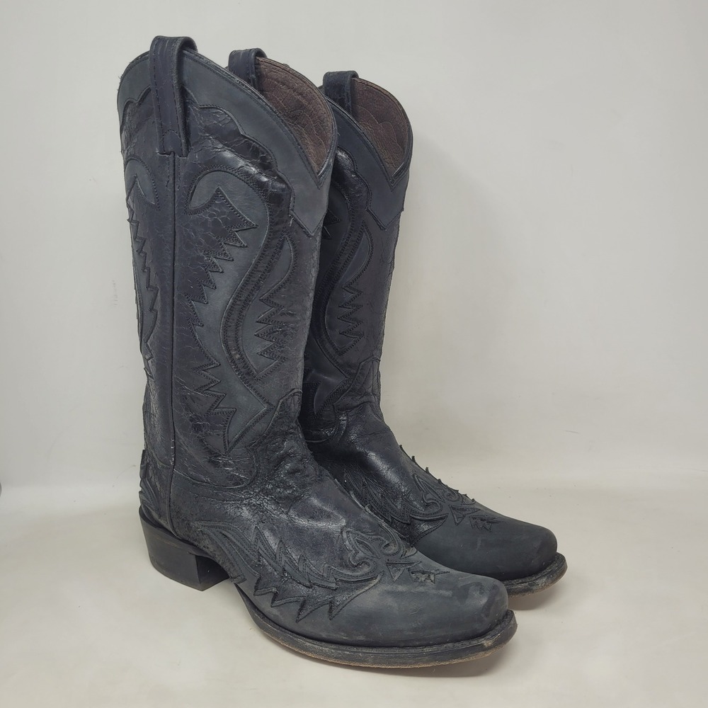 Stetson Boots 10D Black Leather Inlay Distressed Handmade Cowboy Western Mexico